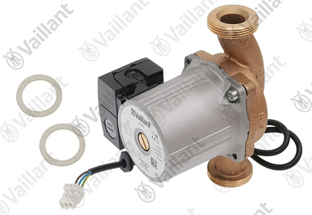 Vaillant Pumpe mit einem metallischen Gehäuse und einer elektrischen Anschlussbox. Im Lieferumfang sind zwei Dichtungen enthalten. Kabel mit Stecker sichtbar.